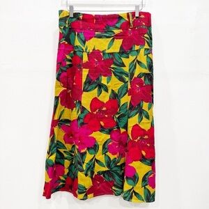 Vintage Athena Marie Linen Blend Midi Skirt Hawaiian Print Small
